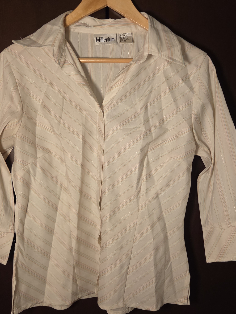 Cream Striped Button-Front Women's Blouse Women Size Medium Juniors'